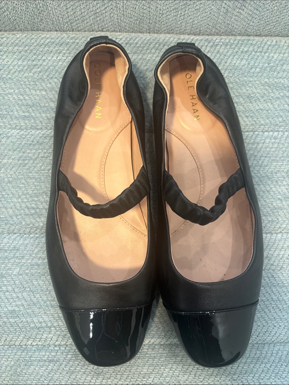 Cole Haan Black Leather Mary Jane Flats with Patent Toe